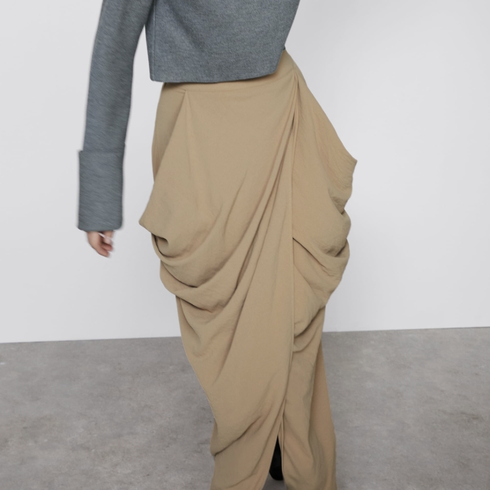 NWT Zara Drape Tan Midi Skirt